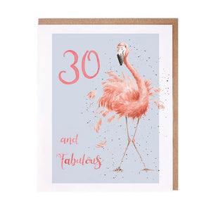 Wrendale Designs Greeting Card, Birthday '30 And Fabulous' Flamingo