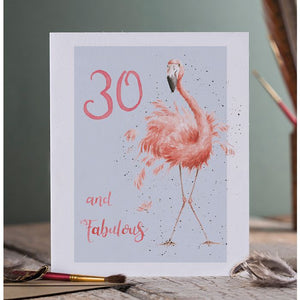 Wrendale Designs Greeting Card, Birthday '30 And Fabulous' Flamingo