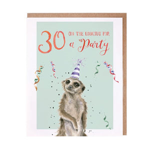 Wrendale Designs Greeting Card, Birthday '30 Lookout Party' Meerkat