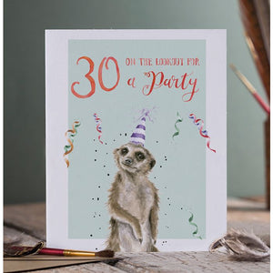 Wrendale Designs Greeting Card, Birthday '30 Lookout Party' Meerkat