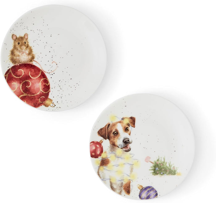 Royal Worcester Wrendale Designs Christmas Collection Coupe Plate Set of 2, Mouse & Dog