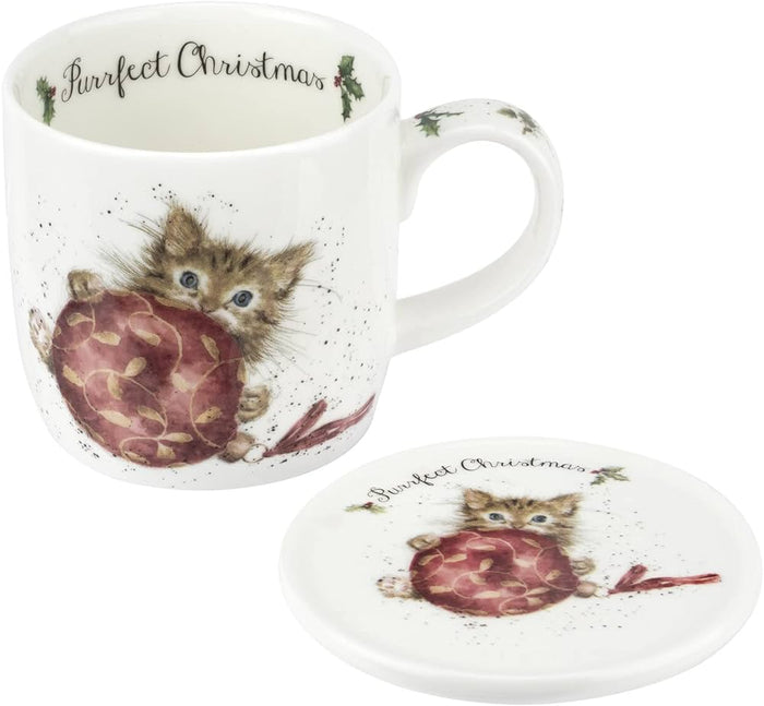 Wrendale Designs Mug & Coaster Set, 'Purrfect Christmas' Cat