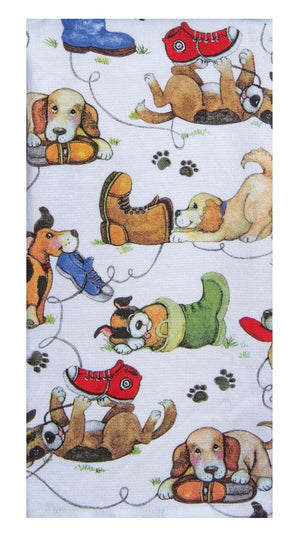 Kay Dee Dual Purpose Terry Tea Towel, Playful Puppies 'Shoes'