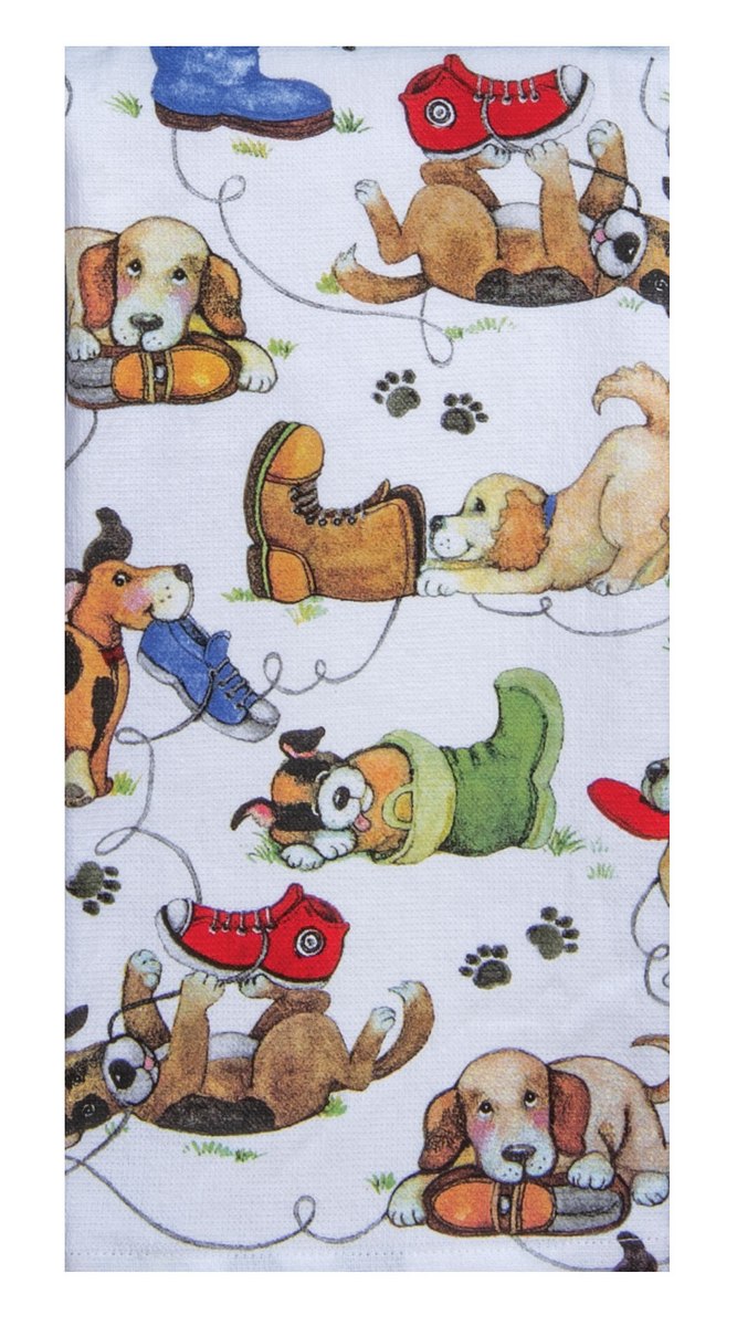Kay Dee Dual Purpose Terry Tea Towel, Playful Puppies 'Shoes'