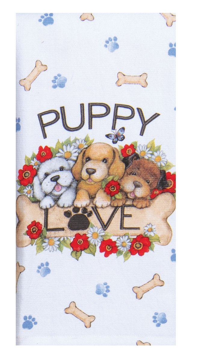 Kay Dee Dual Purpose Terry Tea Towel, Playful Puppies Love