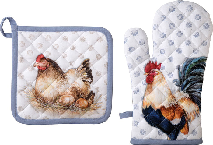 IHR Oven Mitt & Pot Holder Set, Albert Rooster Blue