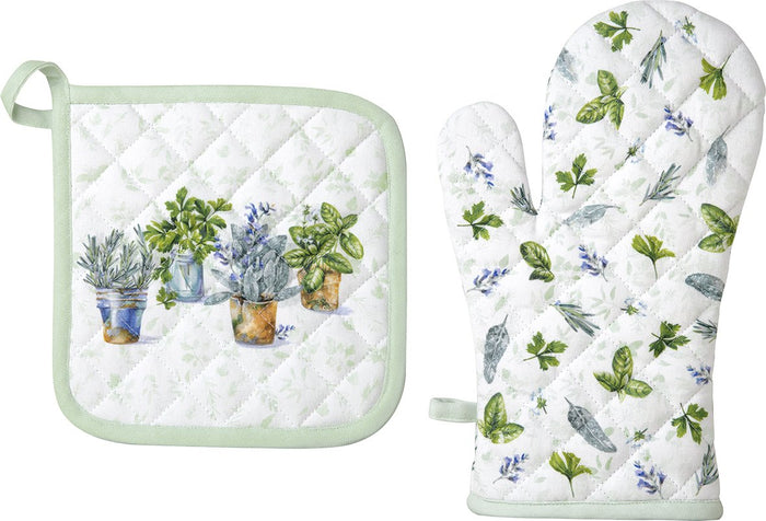 IHR Oven Mitt & Pot Holder Set, Aromatic Herbs Green