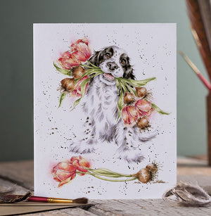 Wrendale Designs Greeting Card, Blank 'Blooming With Love' Spaniel Dog
