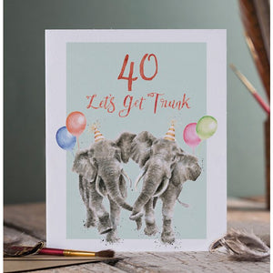 Wrendale Designs Greeting Card, Birthday '40 Let's Get Trunk' Elephant