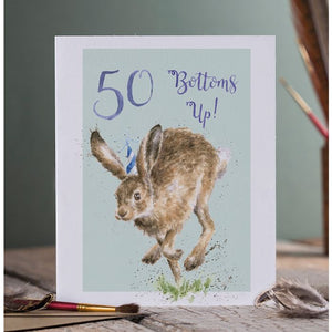 Wrendale Designs Greeting Card, Birthday '50 Bottoms Up' Hare