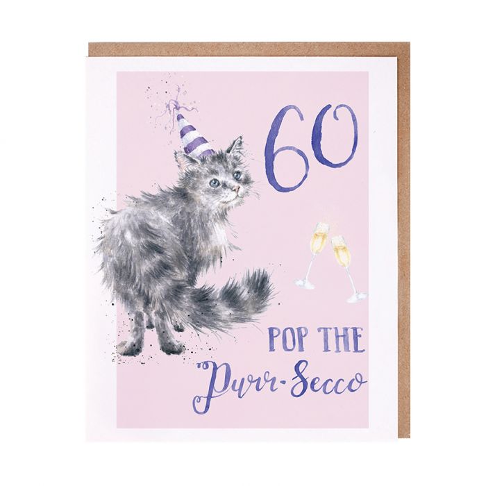 Wrendale Designs Greeting Card, Birthday '60 Pop the Purr-Secco' Cat