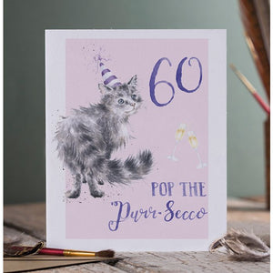 Wrendale Designs Greeting Card, Birthday '60 Pop the Purr-Secco' Cat