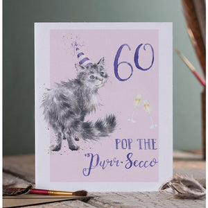 Wrendale Designs Greeting Card, Birthday '60 Pop the Purr-Secco' Cat