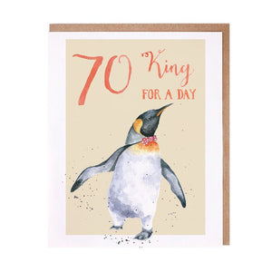 Wrendale Designs Greeting Card, Birthday '70 King for a Day' Penguin