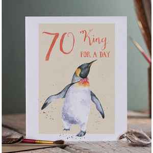 Wrendale Designs Greeting Card, Birthday '70 King for a Day' Penguin