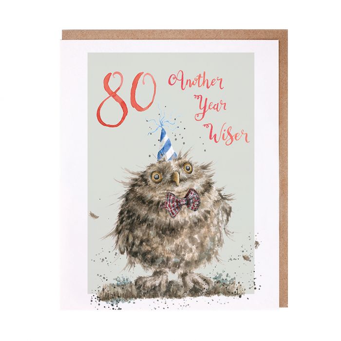 Wrendale Designs Greeting Card, Birthday '80 Another Year Wiser' Owl