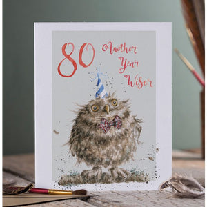 Wrendale Designs Greeting Card, Birthday '80 Another Year Wiser' Owl