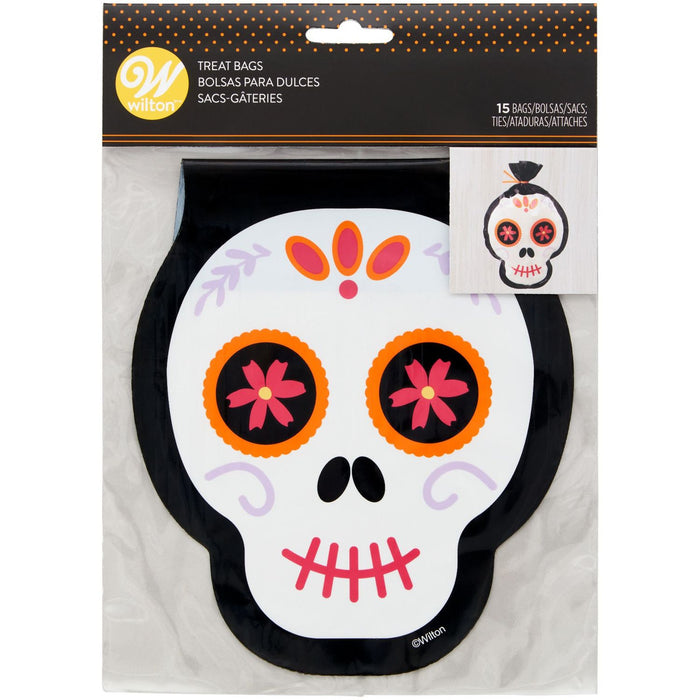 Wilton Skull-Shaped Day of the Dead Treat Bags and Ties, 15-Count