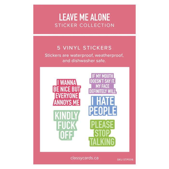 Classy Cards Vinyl Sticker Pack of 5, Leave Me Alone Collection
