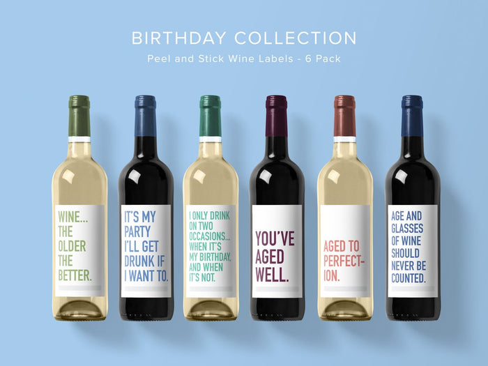 Classy Cards Wine Labels Pack of 6, Birthday Collection