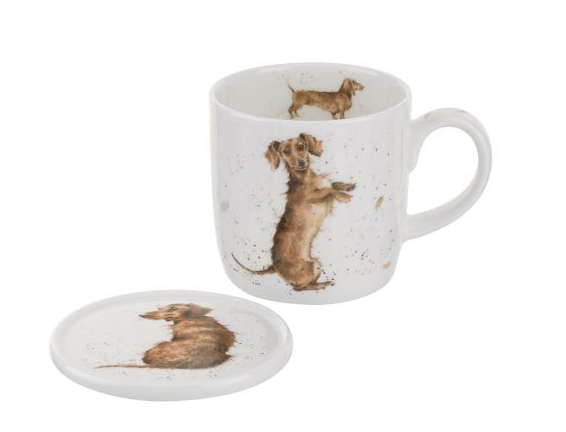 Wrendale Designs Mug & Coaster Set, Dachshund 'Hello Sausage'
